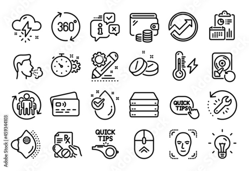 Vector set of Water drop, Swipe up and Face detection line icons set. Calendar report, Money wallet and Credit card tag. Idea, Electricity power and Prescription drugs icons. Vector