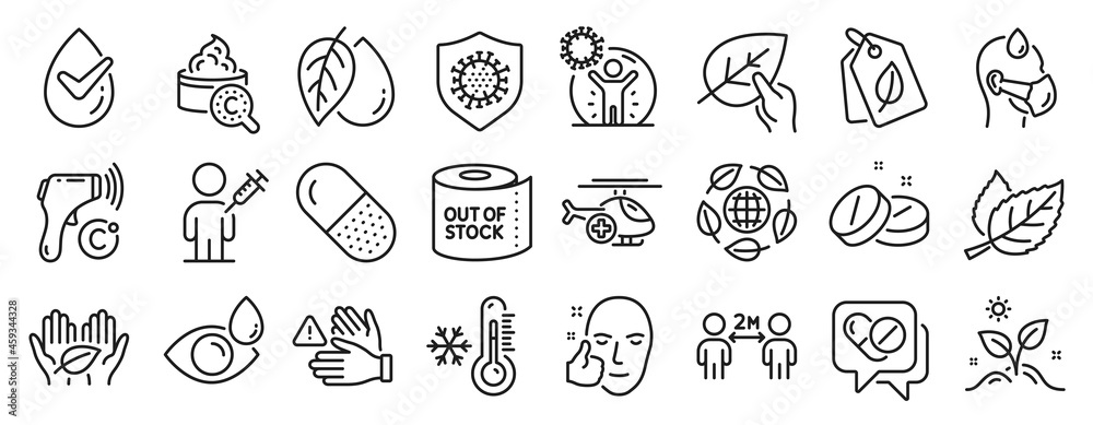 Set of Healthcare icons, such as Coronavirus protection, Electronic thermometer, Organic tested icons. Low thermometer, Medical helicopter, Healthy face signs. Grow plant, Eco organic. Vector