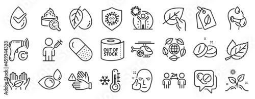 Set of Healthcare icons  such as Coronavirus protection  Electronic thermometer  Organic tested icons. Low thermometer  Medical helicopter  Healthy face signs. Grow plant  Eco organic. Vector