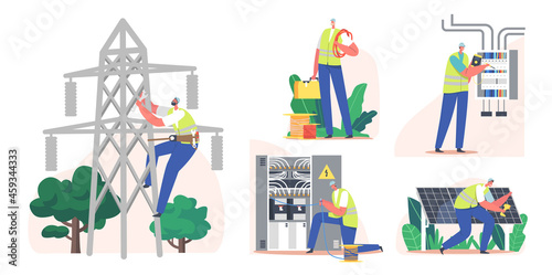 Set Electrical Utility Delivery of Energy to Consumer. Electrician Worker Install Solar Panels, Electricity Transmission