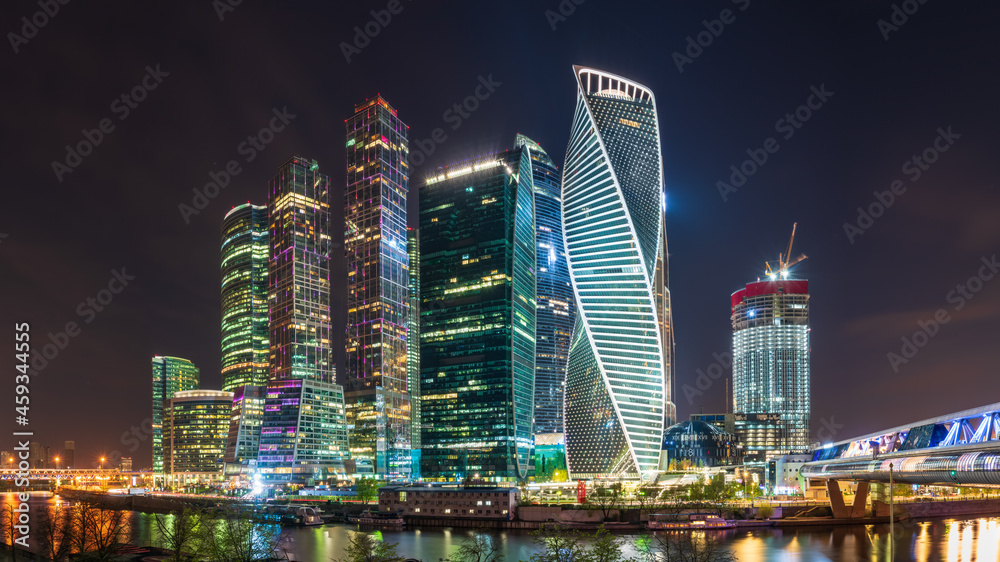 Moscow city at nihgt. Modern skyscrapers in Moscow-city downtown. Moscow, Russia
