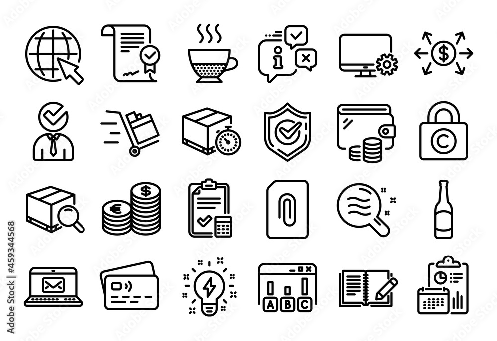 Vector set of Beer, Feedback and Accounting checklist line icons set. Calendar report, Money wallet and Credit card tag. Internet, Inspiration and Push cart icons. Vector