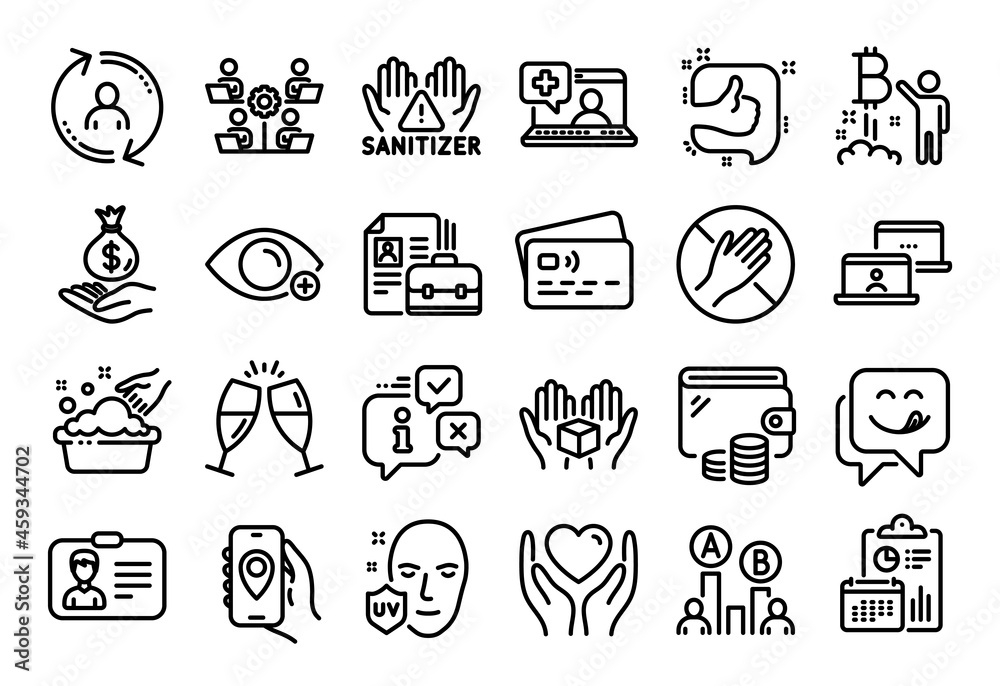 Vector set of Medical help, Hold box and Identification card line icons set. Calendar report, Money wallet and Credit card tag. Ab testing, Vacancy and Teamwork icons. Vector