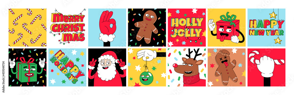 Naklejka premium Merry Christmas and Happy New year funny cartoon characters. Sticker pack, posters in trendy weird retro cartoon style.