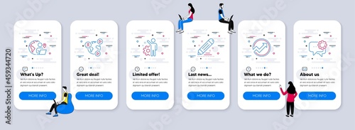 Education icons set. UI phone app screens with teamwork. Included icon as Brand contract, Audit, Employee signs. Video conference, Outsource work, Employees messenger line icons. Vector