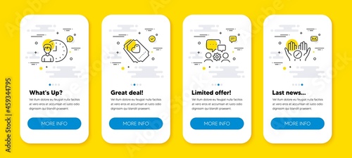 Vector set of Working hours, Love ticket and Engineering team line icons set. UI phone app screens with line icons. Medical tablet icon. Project deadline, Heart, Teamwork. Medicine pill. Vector