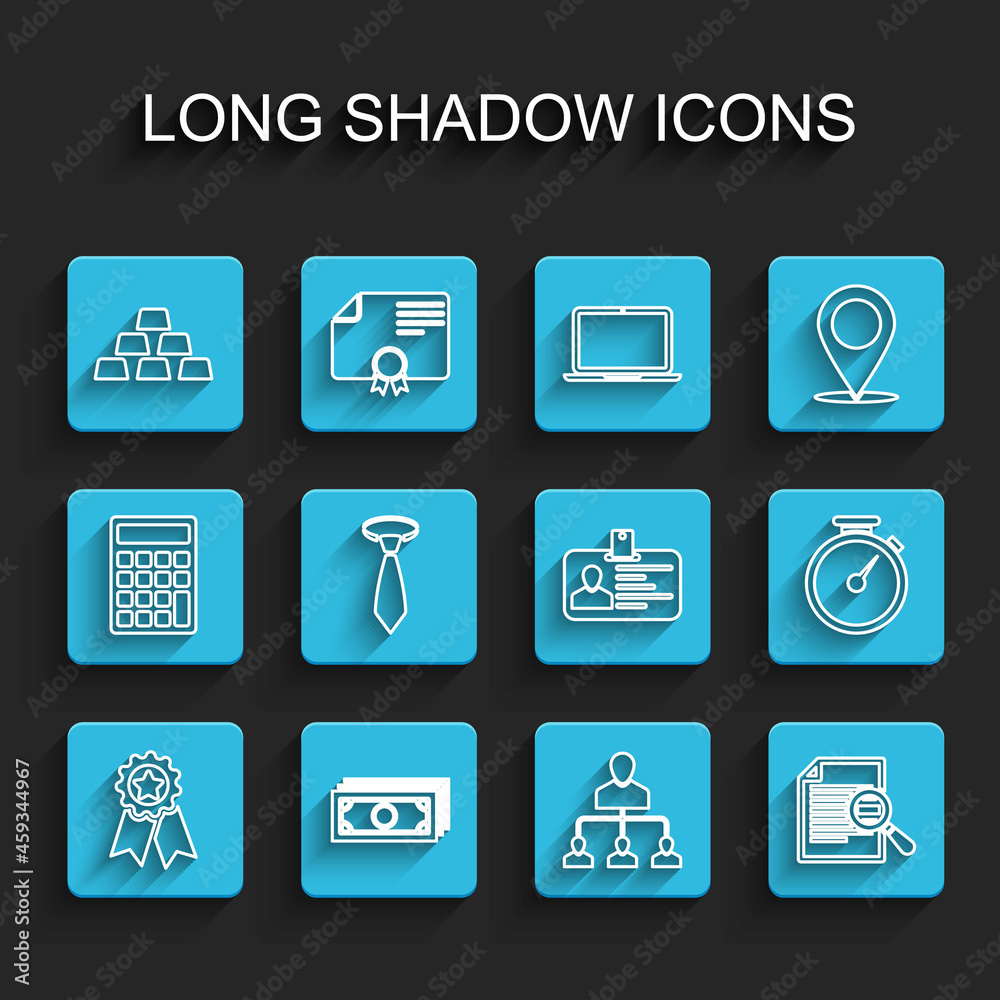 Set line Medal with star, Stacks paper money cash, Gold bars, Referral marketing, Document search, Tie, Stopwatch and Identification badge icon. Vector