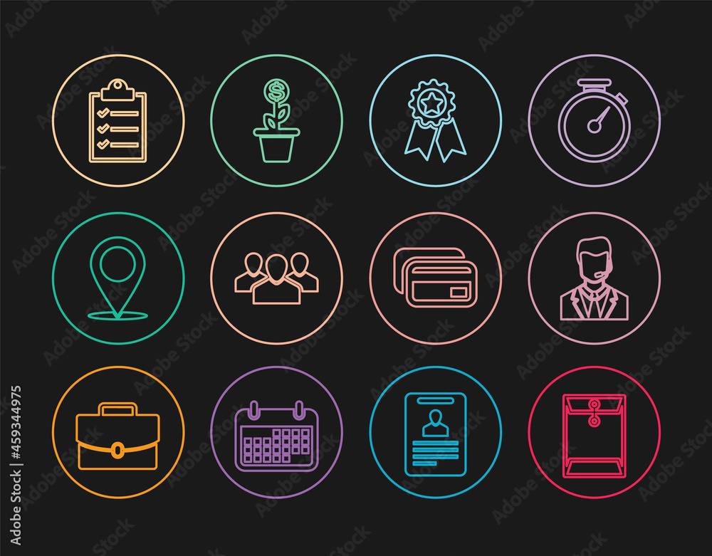 Set line Envelope, Man with a headset, Medal star, Users group, Map pin, Clipboard checklist, Credit card and Dollar plant the pot icon. Vector Set line Envelope, Man with a headset, Medal star, Users group, Map pin, Clipboard checklist, Credit card and Dollar plant the pot icon. Vector