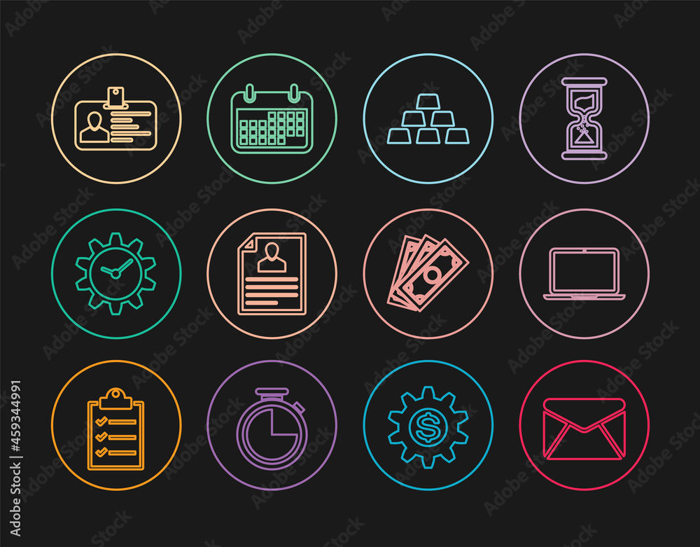 Set line Envelope, Laptop, Gold bars, Resume, Time Management, Identification badge, Stacks paper money cash and Calendar icon. Vector Set line Envelope, Laptop, Gold bars, Resume, Time Management, Identification badge, Stacks paper money cash and Calendar icon. Vector