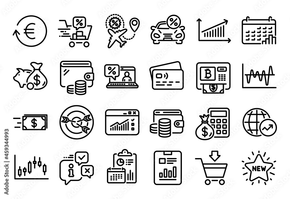 Vector set of Piggy bank, Online loan and Exchange currency line icons set. Calendar report, Money wallet and Credit card tag. Calendar graph, Candlestick graph and Finance calculator icons. Vector