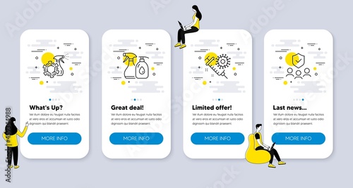 Set of Medical icons, such as Coronavirus spray, Coronavirus vaccine, Cleaning liquids icons. UI phone app screens with people. People insurance line symbols. Vector