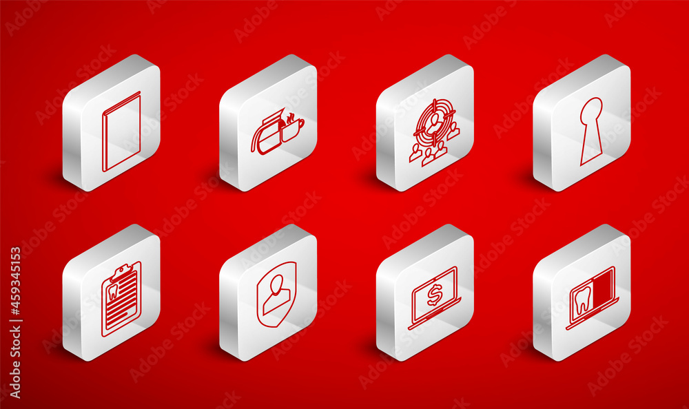 Set line Laptop with dental card, Coffee pot cup, Marketing target strategy, Keyhole, dollar, Book, User protection and Clipboard icon. Vector Set line Laptop with dental card, Coffee pot cup, Marketing target strategy, Keyhole, dollar, Book, User protection and Clipboard icon. Vector