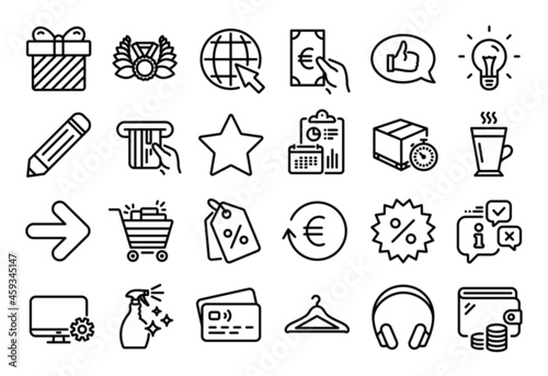 Vector set of Delivery timer, Next and Latte line icons set. Calendar report, Money wallet and Credit card tag. Exchange currency, Headphones and Internet icons. Vector