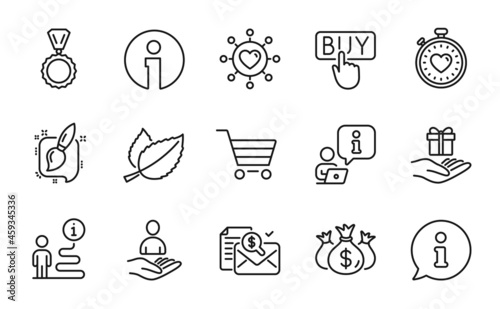 Line icons set. Included icon as Painting brush, Buying, Recruitment signs. Dating network, Loyalty program, Market sale symbols. Heartbeat timer, Check investment, Medal. Info line icons. Vector