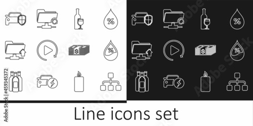 Set line Hierarchy organogram chart, Wine bottle with glass, Video play button, FTP folder upload, Car protection insurance, Paper money dollars cash and sync refresh icon. Vector