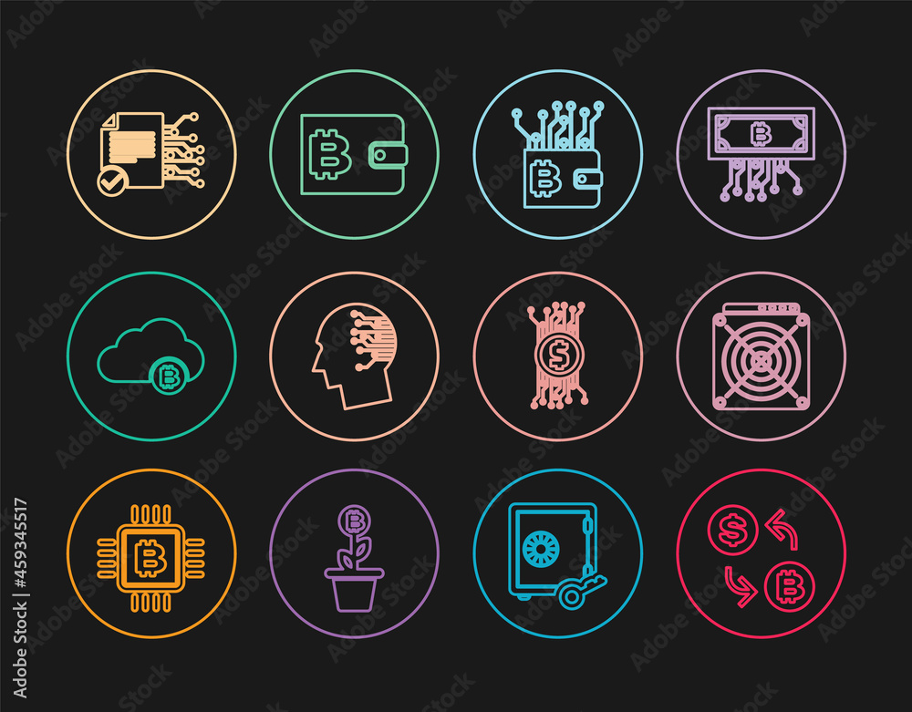 Set line Cryptocurrency exchange, ASIC Miner, wallet, Brain as digital circuit board, cloud mining, Smart contract, bitcoin and icon. Vector Set line Cryptocurrency exchange, ASIC Miner, wallet, Brain as digital circuit board, cloud mining, Smart contract, bitcoin and icon. Vector