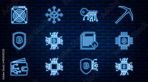 Set line Processor chip with dollar, Cryptocurrency key, CPU mining farm, Shield bitcoin, ASIC Miner, Smart contract and Distribution icon. Vector