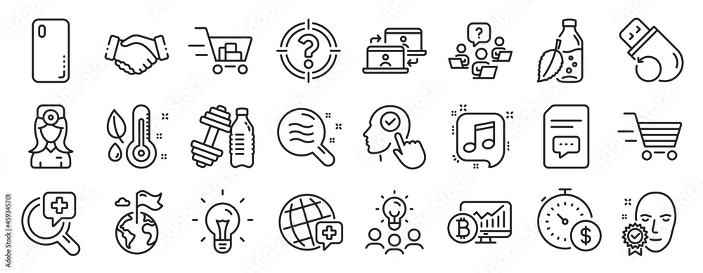 Set of Business icons, such as Destination flag, Last minute, Smartphone cover icons. Musical note, World medicine, Business idea signs. Outsource work, Thermometer, Handshake. Idea. Vector Set of Business icons, such as Destination flag, Last minute, Smartphone cover icons. Musical note, World medicine, Business idea signs. Outsource work, Thermometer, Handshake. Idea. Vector