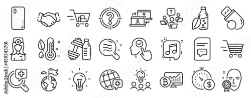 Set of Business icons, such as Destination flag, Last minute, Smartphone cover icons. Musical note, World medicine, Business idea signs. Outsource work, Thermometer, Handshake. Idea. Vector
