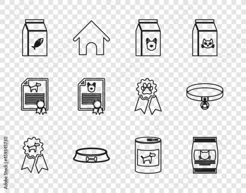 Set line Dog award symbol, Bag of food for cat, dog, Pet bowl, Certificate, Canned and Cat collar icon. Vector