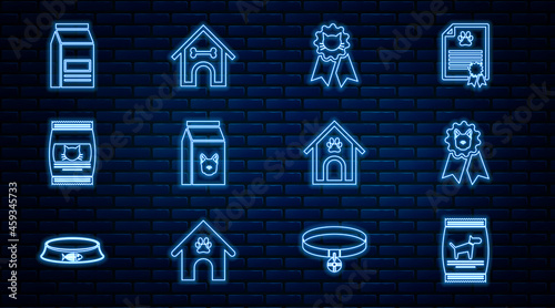 Set line Bag of food for dog, Dog award symbol, Cat, cat, house and paw print pet and bone icon. Vector