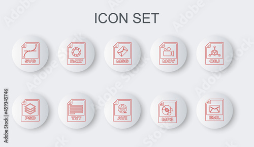 Set line EML file document, PSD, MSG, MP3, SVG, RAW, TXT and AVI icon. Vector