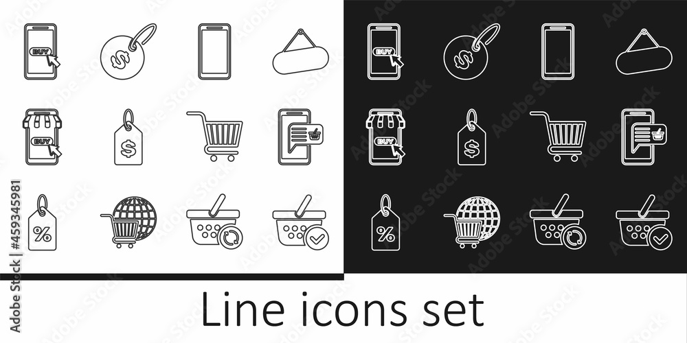 Set line Shopping basket with check mark, Mobile and shopping, Smartphone, mobile phone, Price tag dollar, cart, and icon. Vector