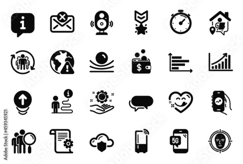 Vector Set of Technology icons related to Face detect, Reject mail and Financial app icons. Yummy smile, Refrigerator and Winner medal signs. Graph chart, Search people and 5g phone. Timer. Vector