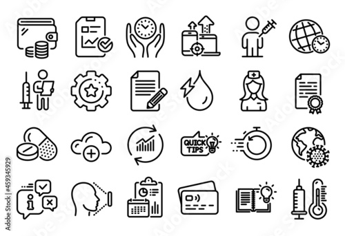 Vector set of Cloud computing, Product knowledge and Update data line icons set. Calendar report, Money wallet and Credit card tag. Face id, Settings gear and Thermometer icons. Vector