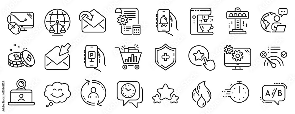 Set of Technology icons, such as No internet, Settings blueprint, Magistrates court icons. Receive mail, Flammable fuel, Clock signs. User info, Video conference, Stars. Medical shield. Vector