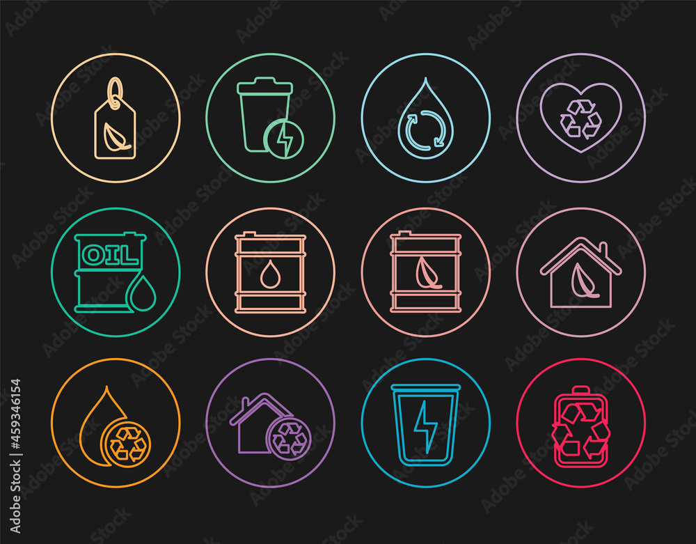 Set line Battery with recycle, Eco friendly house, Recycle clean aqua, Oil barrel, Tag leaf, Bio fuel and Lightning trash can icon. Vector