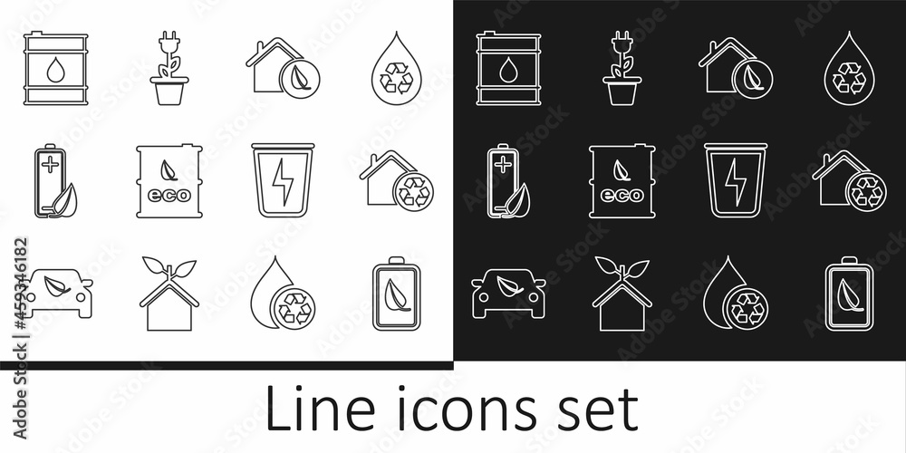 Set line Eco nature leaf and battery, House with recycling, friendly house, Bio fuel barrel, Oil, Lightning trash can and Electric saving plug pot icon. Vector