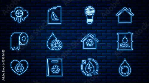 Set line Recycle clean aqua, Oil barrel, Light bulb with world globe, Toilet paper roll, Acid rain and radioactive cloud, Eco House recycling and Bio fuel canister icon. Vector