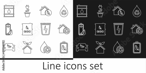 Set line Eco nature leaf and battery, House with recycling, friendly house, Bio fuel barrel, Oil, Lightning trash can and Electric saving plug pot icon. Vector