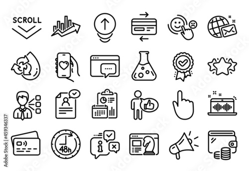 Vector set of Like, 48 hours and Seo message line icons set. Calendar report, Money wallet and Credit card tag. World mail, Hand click and Chemistry lab icons. Vector