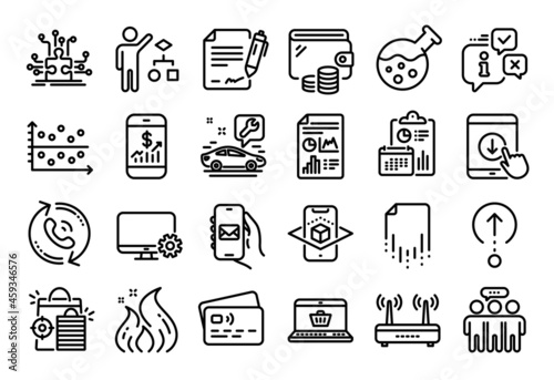 Vector set of Seo shopping, Car service and Report document line icons set. Calendar report, Money wallet and Credit card tag. Mail app, Mobile finance and Puzzle options icons. Vector