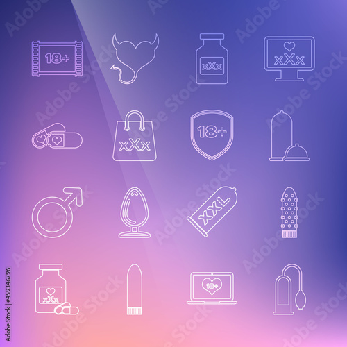 Set line Penis pump, Dildo vibrator, Condoms safe sex, Bottle with pills for potency, Shopping bag triple X, Pills, Play Video 18 plus and Shield icon. Vector