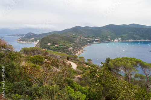 Aerial view of the northern little peninsula in Elba island seen from the top of Monte Enfola, typical mediterranean vegetation and rocky landscape