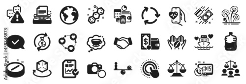 Set of Business icons, such as Recovery photo, Court jury, Payment icons. Cardio training, Chemical formula, World planet signs. Fireworks, Cooler bottle, Balance. Budget accounting. Vector