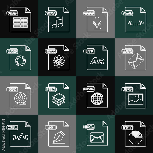 Set line PPT file document, JPG, MSG, OGG, MAX, RAW, XLS and OTF icon. Vector