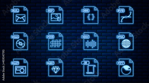 Set line PPT file document, HTML, CSS, PNG, WMA, EML, WAV and GIF icon. Vector