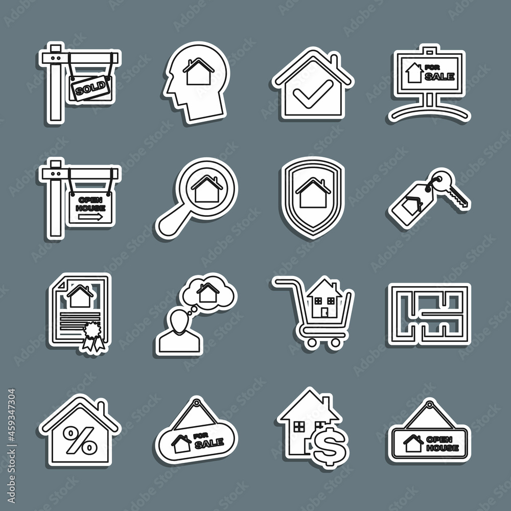 Set line Hanging sign with Open house, House plan, key, check mark, Search, Sold and under protection icon. Vector