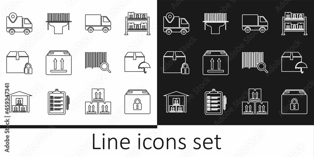 Fototapeta premium Set line Locked package, Delivery with umbrella, cargo truck vehicle, Cardboard box traffic, tracking, Search barcode and Scanner scanning icon. Vector