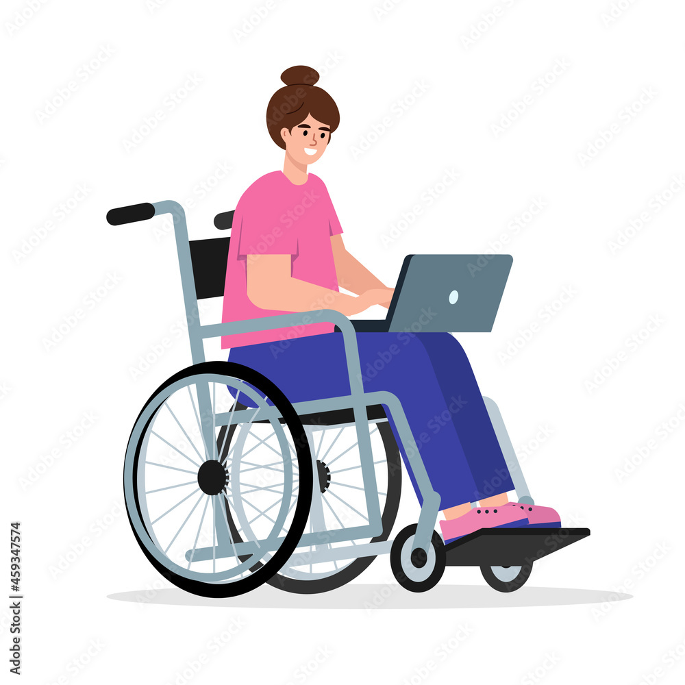 Happy disabled woman in wheelchair with laptop. Happy disabled woman in wheelchair with laptop.