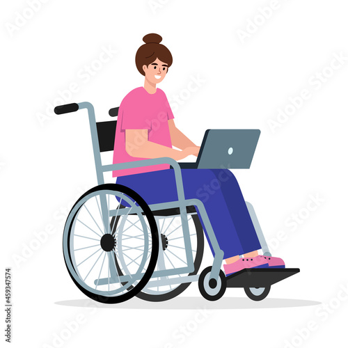 Happy disabled woman in wheelchair with laptop.