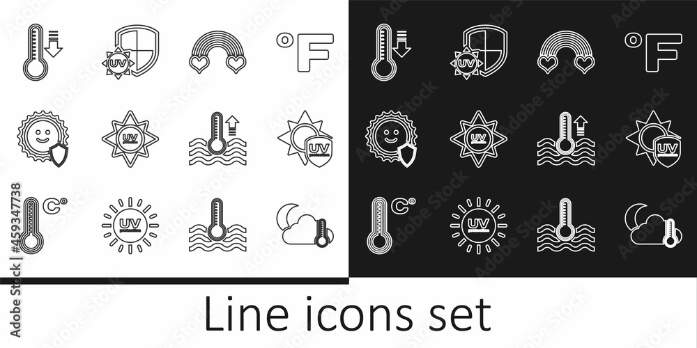 Set line Thermometer and cloud, moon, UV protection, Rainbow with heart, Meteorology thermometer, Water and icon. Vector