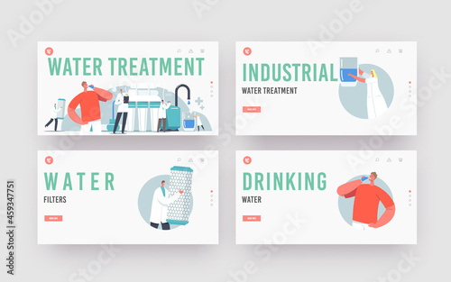 Water Treatment System Landing Page Template Set. Tiny Scientist Characters Use Filtration Aqua Filter Jug for Cleaning