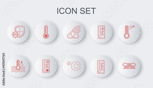 Set line Rainbow with clouds, Water thermometer, Meteorology, UV protection, and Celsius icon. Vector