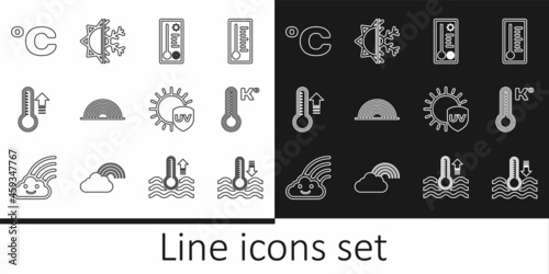 Set line Water thermometer, Meteorology, Rainbow, Celsius, UV protection and Sun and snowflake icon. Vector