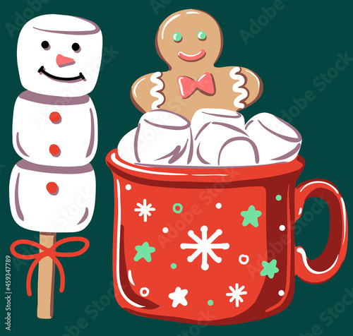 Christmas marshmallow. Red cup of cocoa with gingerbread. Holiday winter hot drink and festive sweet snowman. Dessert vector illustration